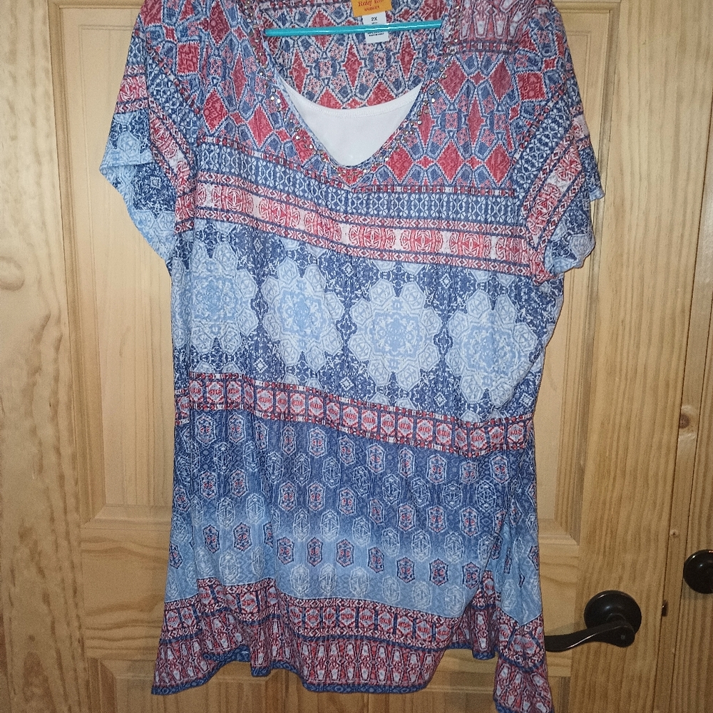 Ruby Rd. Red and Blue Patterned Blouse